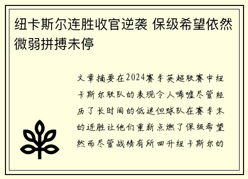 纽卡斯尔连胜收官逆袭 保级希望依然微弱拼搏未停