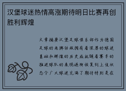 汉堡球迷热情高涨期待明日比赛再创胜利辉煌